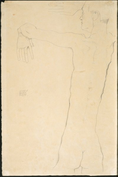 腕を上げた裸の男 (直腸) 作： Egon Schiele