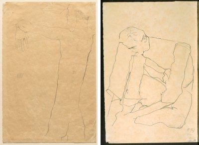 腕を上げた裸の男 (右) 座っている男 (裏) 作： Egon Schiele