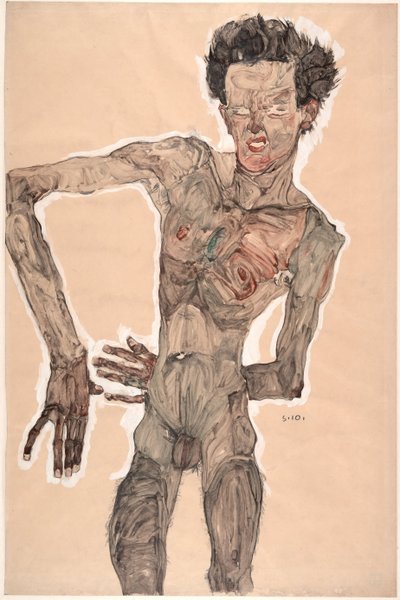 ヌード自画像、しかめっ面、1910 作： Egon Schiele