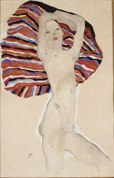 色付きの素材に対するヌード、1911 作： Egon Schiele