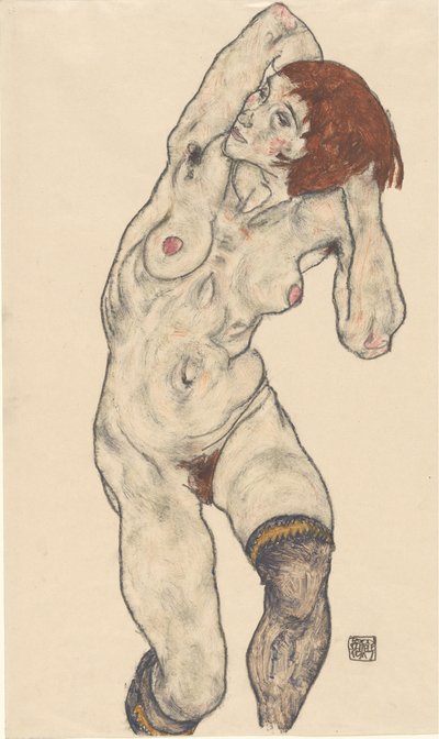 黒ストッキングのヌード、1917年。 作： Egon Schiele