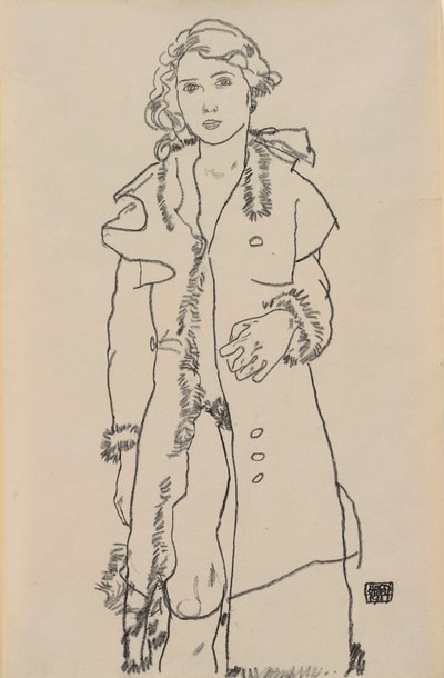 ファートリムコート付きヌード。 1917年の毛皮のコートの少女のヌード 作： Egon Schiele