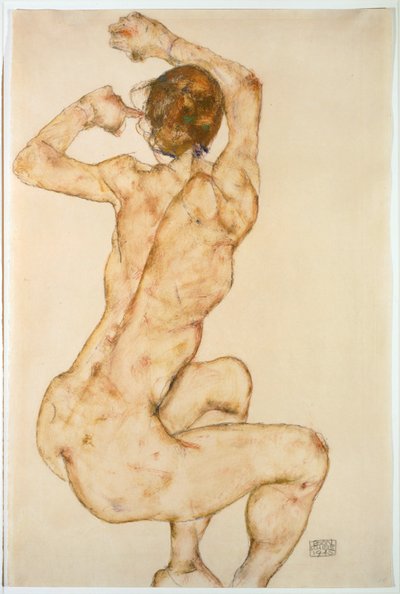 腕を上げたヌード...（グワッシュと鉛筆） 作： Egon Schiele