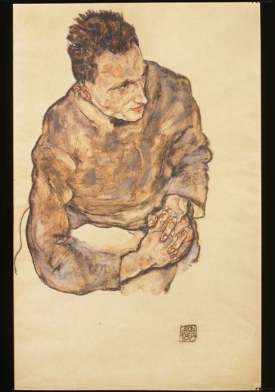 合掌するカール・グリュンヴァルトの肖像...（水彩、黒クレヨン） 作： Egon Schiele