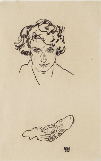 1917年の少女の肖像画（織り紙に黒いクレヨン） 作： Egon Schiele