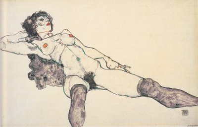 脚を広げたリクライニング女性ヌード、1914 作： Egon Schiele