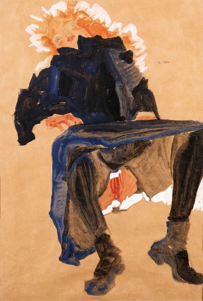 青いドレスを着たリクライニングガール、1910年 作： Egon Schiele