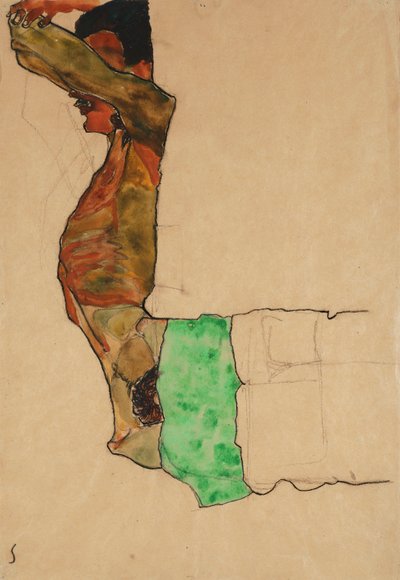 緑の布で男性のヌードをリクライニング 作： Egon Schiele