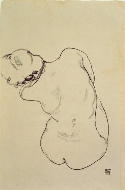 リクライニングヌード-背面図、1918年（紙に黒いクレヨン） 作： Egon Schiele