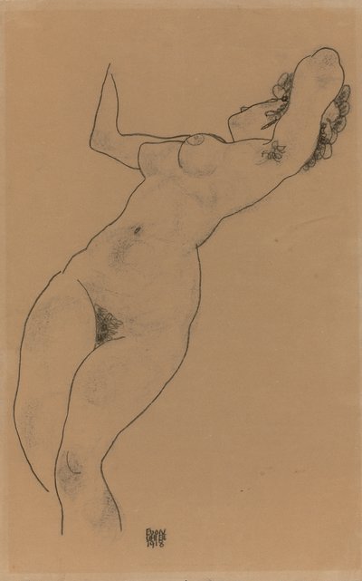 ヌードリクライニング;嘘をつく行為、1918 作： Egon Schiele