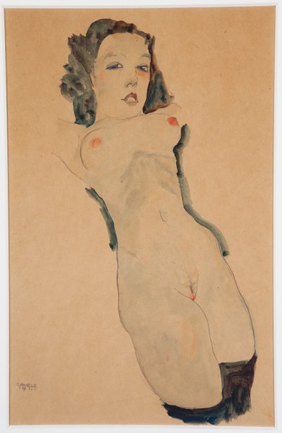 黒いストッキングでヌードをリクライニング。 1911年に黒ストッキングでヌードを横になっている 作： Egon Schiele