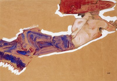 Red Hatによるセミヌードのリクライニング、1910年 作： Egon Schiele