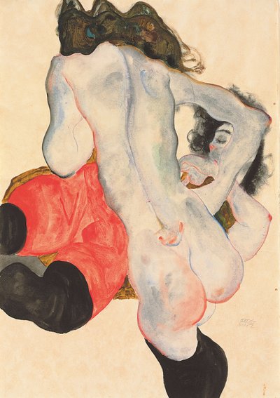 赤いズボンと立っている女性のヌードのリクライニング女性、1912 作： Egon Schiele