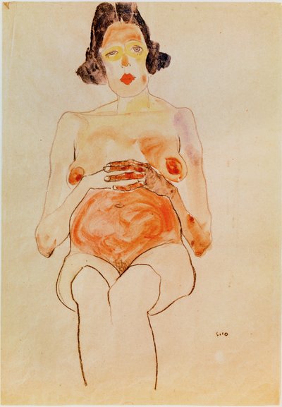 Roter Akt, schwanger［赤い裸婦、妊娠］（水彩、木炭） 作： Egon Schiele