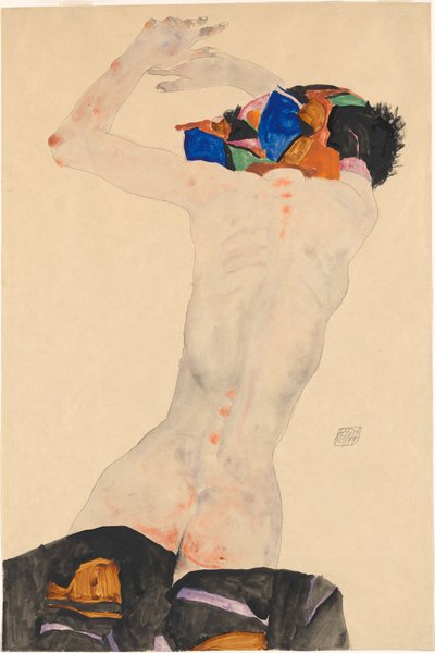 Rückenakt mit buntem Tuch 裸体を後ろから、色付きの布で、1911 年。 作： Egon Schiele