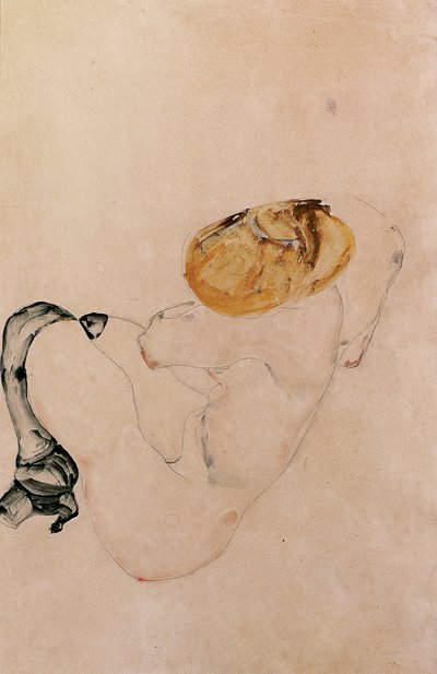 怖がって、しゃがんでいる少女、1912 作： Egon Schiele