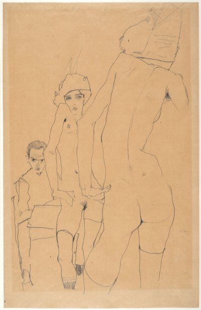 シーレと鏡の前のヌードモデル 作： Egon Schiele