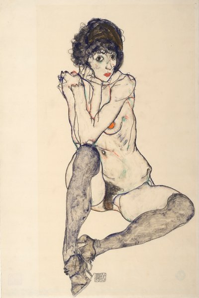 座る女性のヌード、右ひざで休む肘、1914年。 作： Egon Schiele