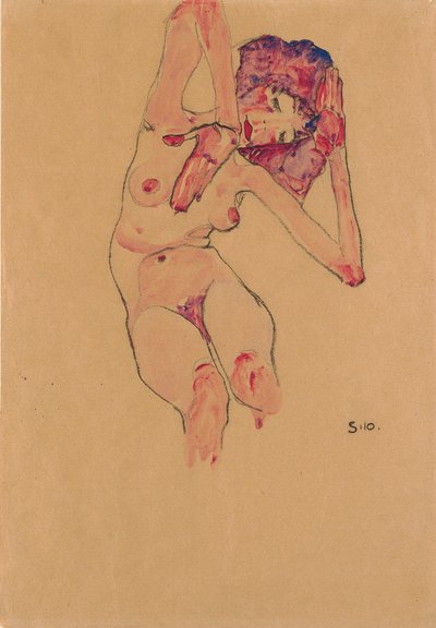 頭を下げて腕を上げた着席女性ヌード。 1910年、頭を下げ、腕を上げたヌード着席 作： Egon Schiele