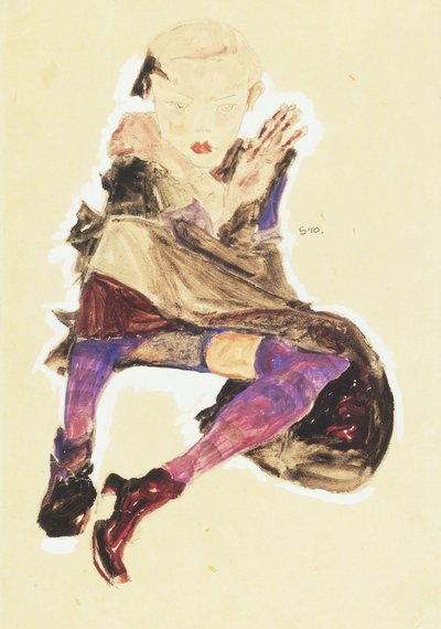 縞模様のストッキングで座っている女の子。縞模様のストッキングで座っている少女、1910 作： Egon Schiele