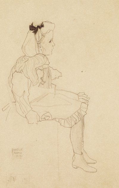 彼女の髪に弓を持つ着席の少女、1909 作： Egon Schiele