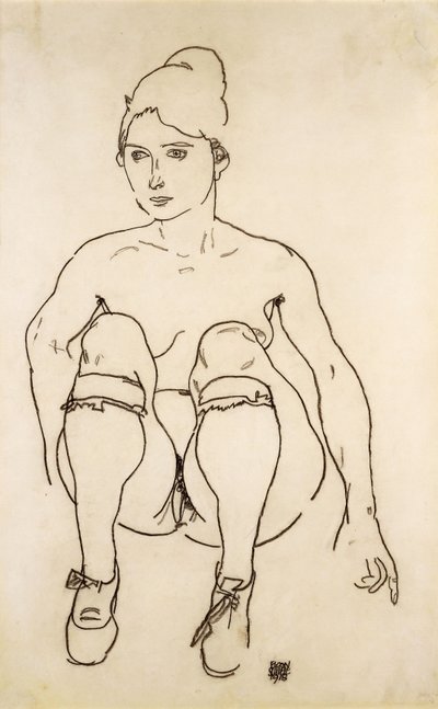 ヌードと靴とストッキング。靴とストッキングを着た座りがちなヌード、1918 作： Egon Schiele