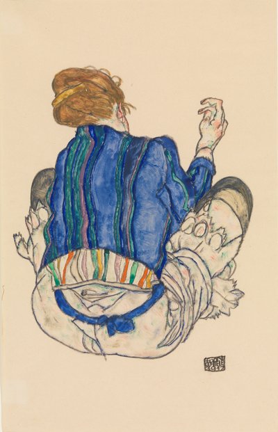 座っている女性、後ろ姿、1917年。 作： Egon Schiele