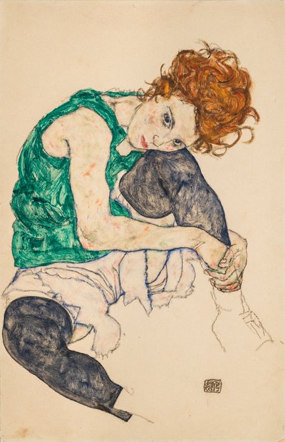1917年、ひざを曲げて着席した女性 作： Egon Schiele