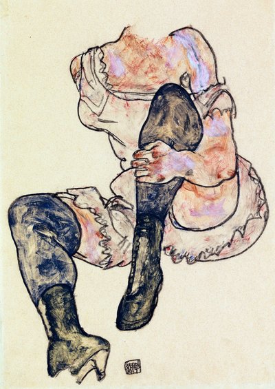 左足を曲げて座る女性（トルソ）』 par シーレ、エゴン（1890-1918）、1917年頃 - 紙にグワッシュとパステル、43,2x29,9 - プライベート・コレクション 作： Egon Schiele