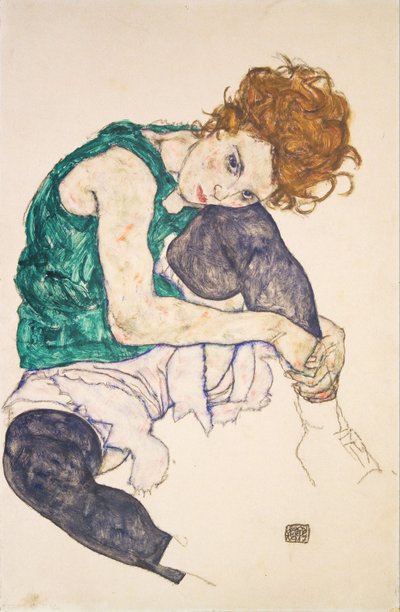 アデルヘルムを脚で描いた着席女性 作： Egon Schiele