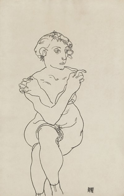座っている女性のヌード、腕と脚を組んだ、1918 作： Egon Schiele