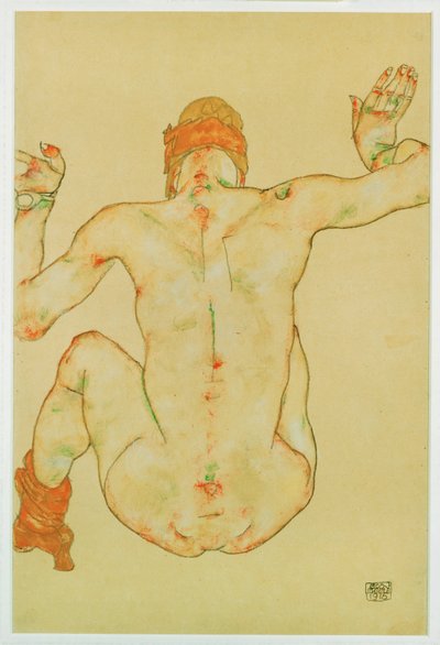 座った女性ヌード、後ろ姿（グワッシュ、水彩、鉛筆） 作： Egon Schiele