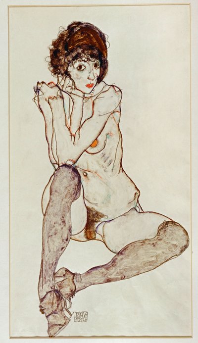 座った女性のヌード、右膝に肘を置く 作： Egon Schiele