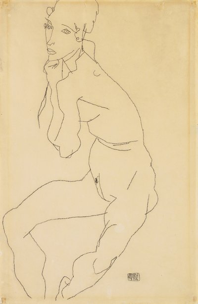 1914年のあごに手で座っている女性のヌード 作： Egon Schiele