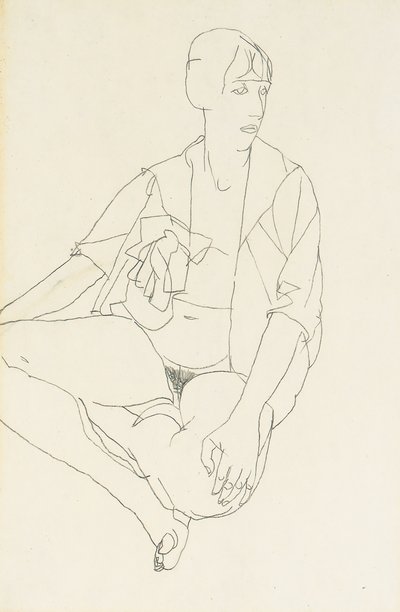 オープンブラウスを着た女性の着席ヌード、1913 作： Egon Schiele