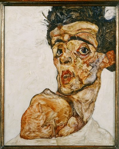 肩を上げた自画像 作： Egon Schiele