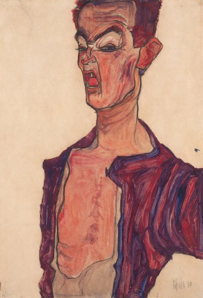 自画像、しかめっ面、1910 作： Egon Schiele