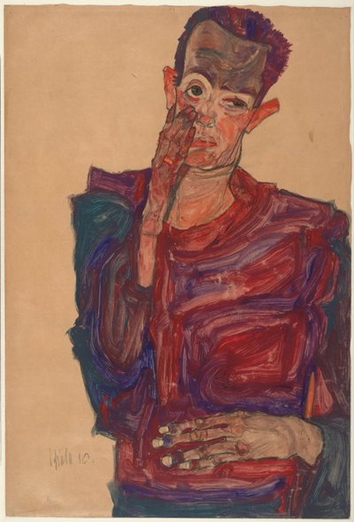 まぶたを下げた状態の自画像、1910 作： Egon Schiele