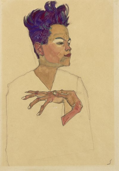 胸に手を置いた自画像、1910 作： Egon Schiele