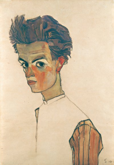ストライプシャツ付き自画像、1910年（紙にグラファイトとトイレ） 作： Egon Schiele