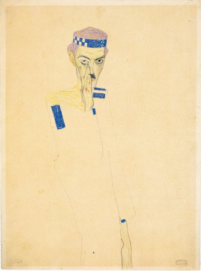 青いチェックのヘッドバンドをつけた自画像、1909 年。 作： Egon Schiele
