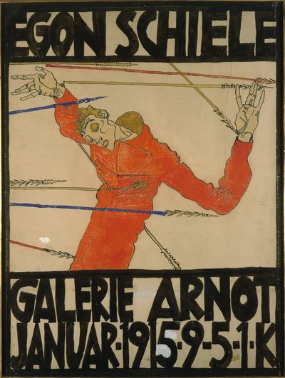 聖セバスチャンの自画像、1914年のGalerie Arnotでの展覧会のポスターデザイン（ガッシュ、黒いクレヨン、段ボールのインク） 作： Egon Schiele