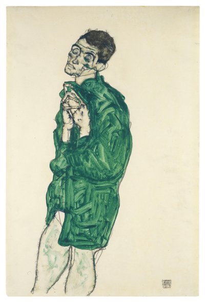 目を閉じた緑のシャツを着た自画像、1914 作： Egon Schiele