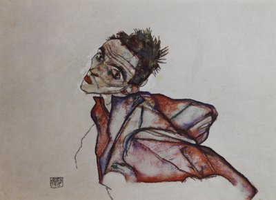 腕を後ろに組んだ自画像、1915 年。 作： Egon Schiele