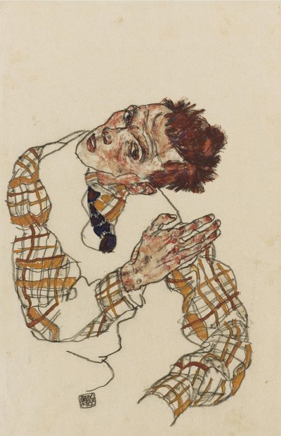 市松模様のシャツを着た自画像、1917年 作： Egon Schiele