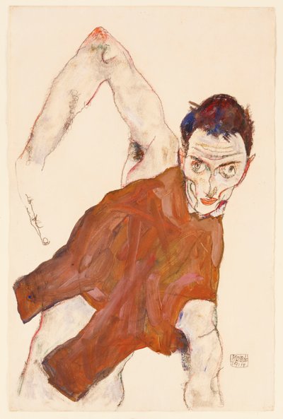 右肘を上げたジャーキンの自画像、1914 作： Egon Schiele