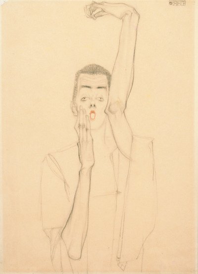 上げられた腕と赤い口を持つ自画像 作： Egon Schiele