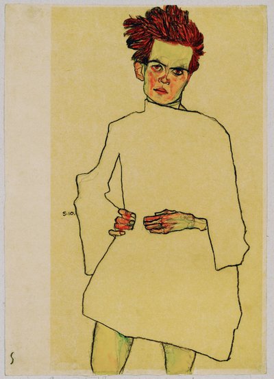 シャツを着た自画像（グワッシュ、水彩、黒クレヨン） 作： Egon Schiele