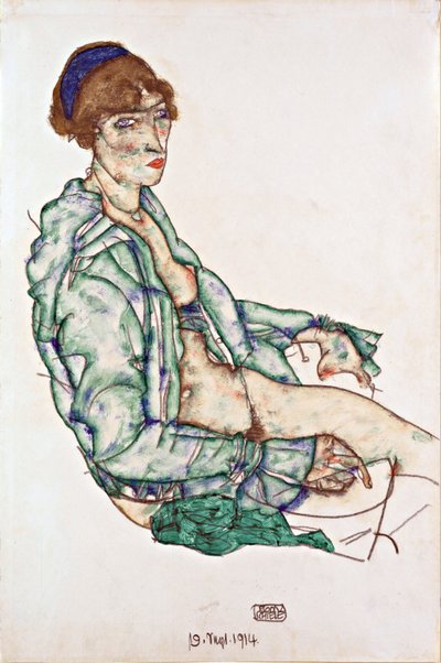 青いヘアバンドで座っているセミヌード - シーレ、エゴン (1890-1918) - 1914 - 黒チョーク、グワッシュ、紙 - 47,4x31,3 - レオポルド美術館、ウィーン 作： Egon Schiele