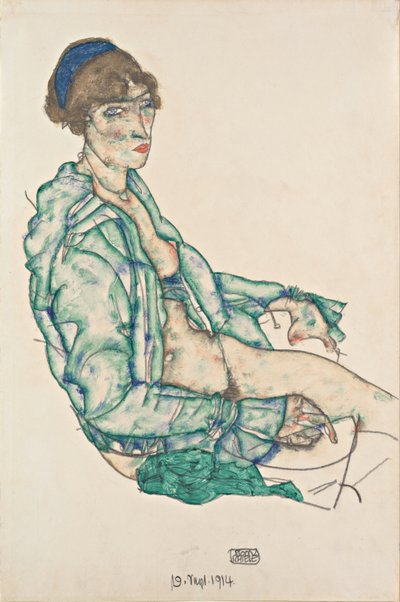 青いヘアバンドでセミヌードに座って、1914 作： Egon Schiele